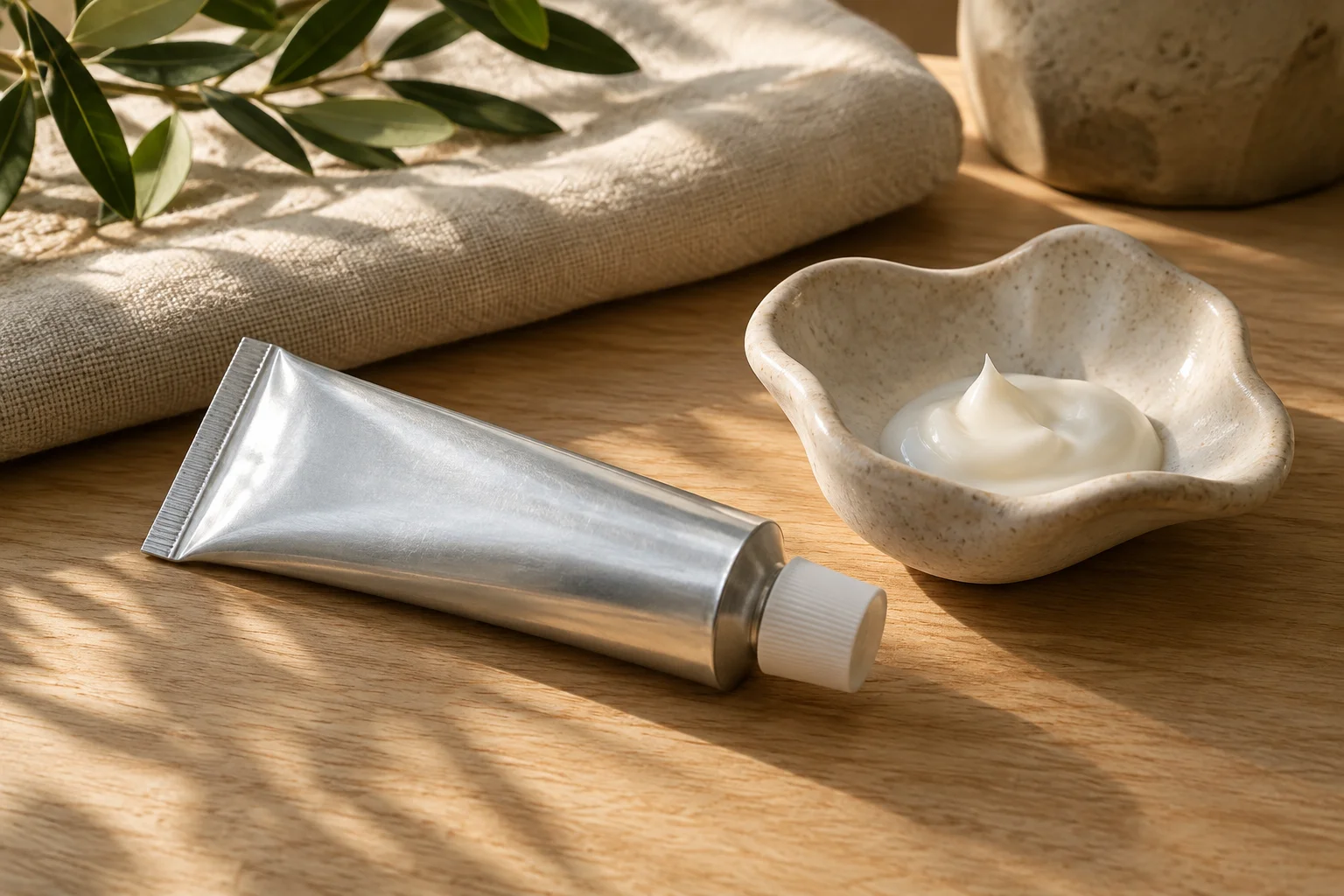 Unbranded aluminum cream tube on a ceramic tray with linen and an olive branch